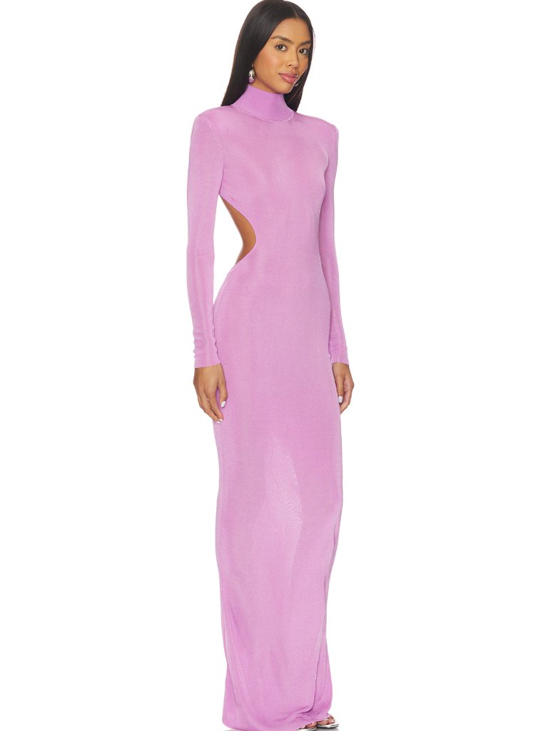 New Self-Portrait Pink Viscose Knit Maxi Dress In Pink Light Purple Long Sleeve